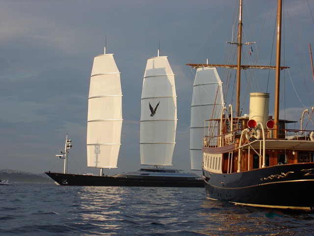 the classic megayacht Atlantide with the Maltese Falcon