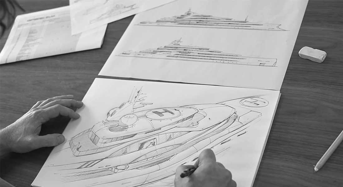 Steve Grtesham hand sketches a superyacht