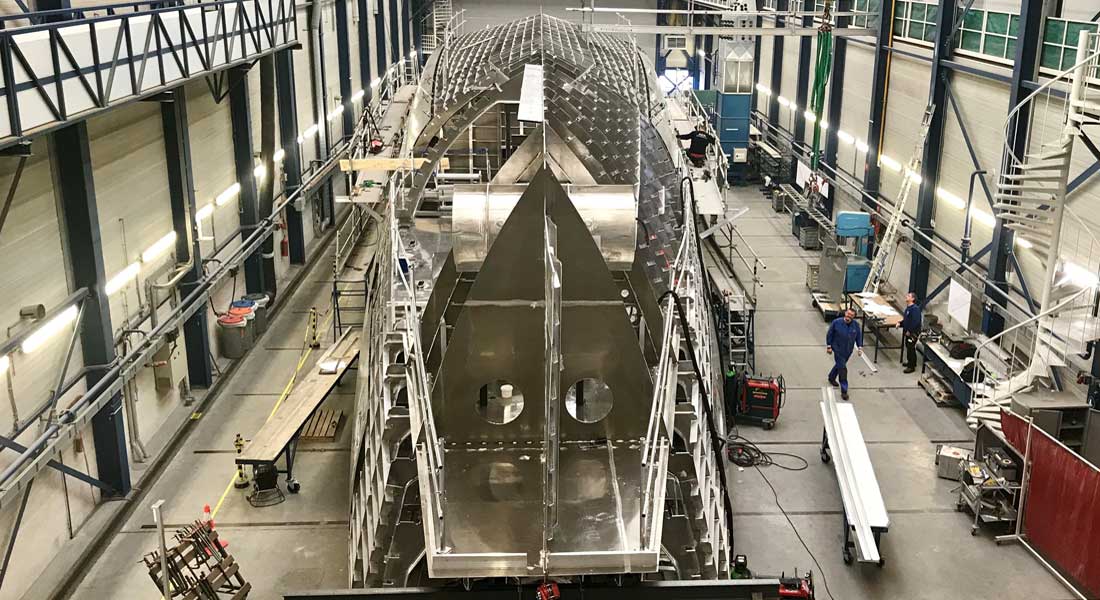 the hull of the megayacht Project Phi at Royal Huisman