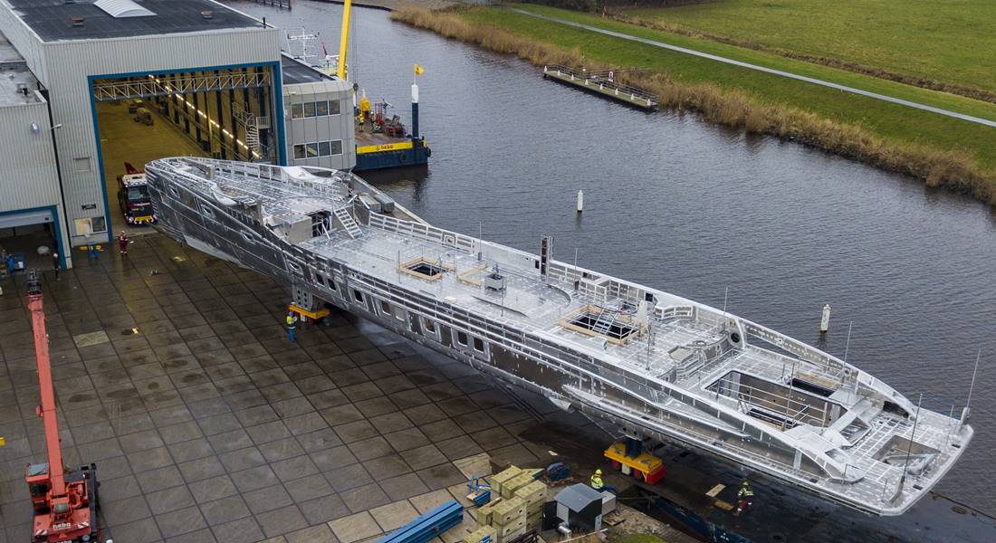 Project Phi, a motoryacht at Royal Huisman, recently had her hull and superstructure joined and therefore looks more like a megayacht
