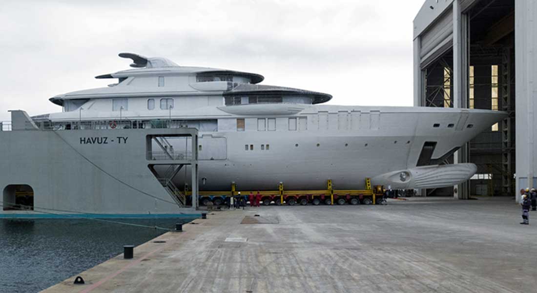 the Turquoise 74M yacht project transferred to her outfitting shed in December 2020