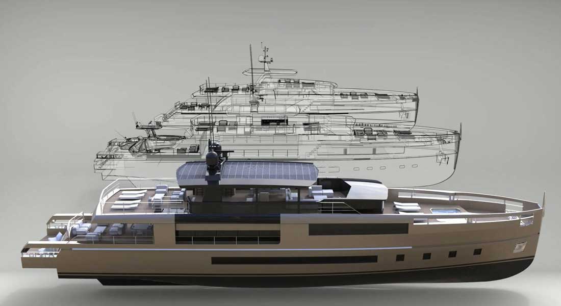 the Antonini Navi UP40 is a superyacht hull platform adaptable to three superstructure styles