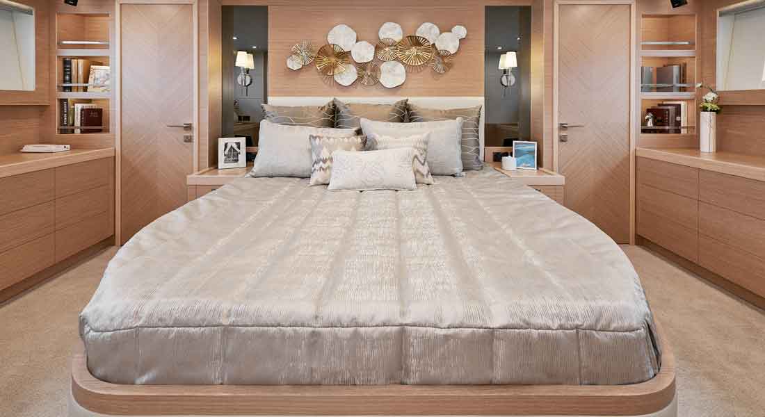 the master suite aboard hull number one of the Horizon E81 megayacht