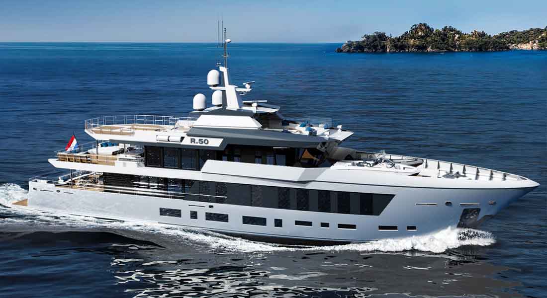 the Diana Yacht Design R.50 megayacht concept commemorates the studio's 50th anniversary