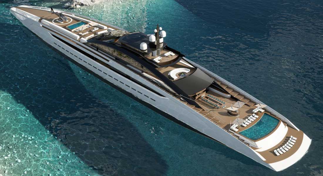 Project Sunrise is a massive megayacht from Roberto Curto, 135 meters/443 feet in length