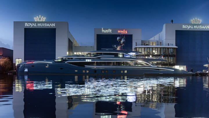 Phi with her laser lighting makes for one of the greatest superyacht shots of 2021