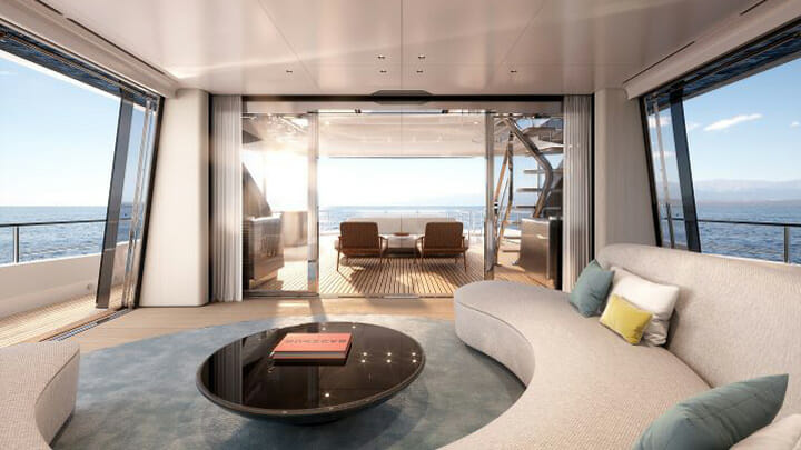 the Azimut Grande 36M megayacht lounge on the upper deck has sliding doors on three sides