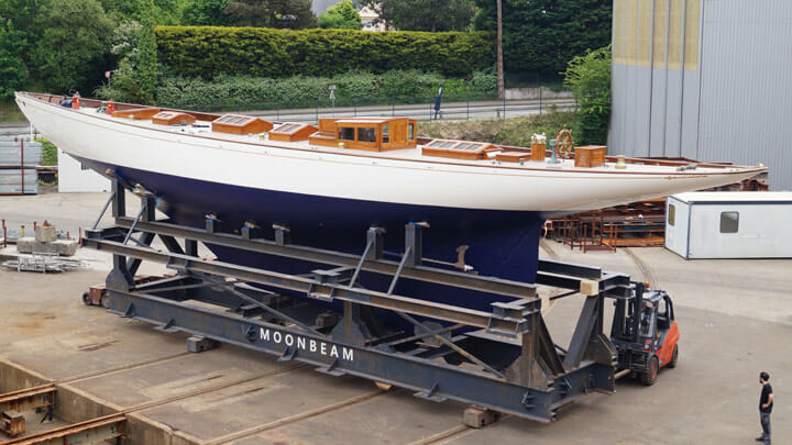 the superyacht Moonbeam IV on a custom cradle at JFA Yachts