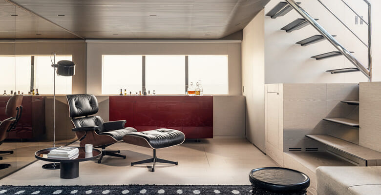 the Sanlorenzo SP110 lower deck superyacht lounge