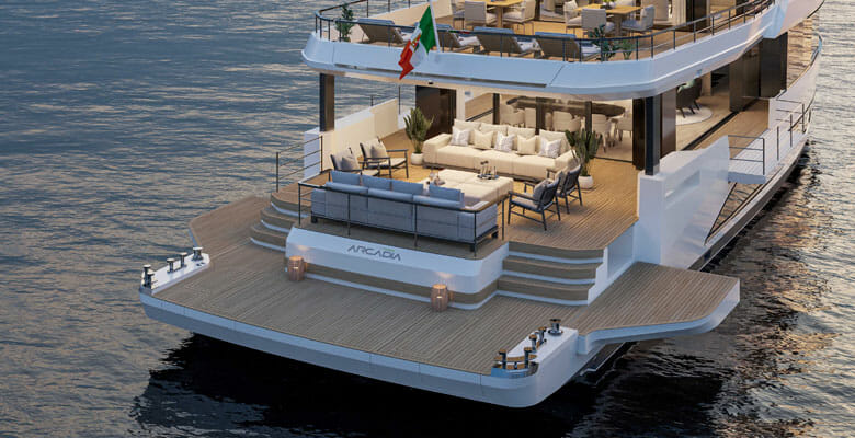the Arcadia A96 megayacht aft deck is three steps up from the beach area