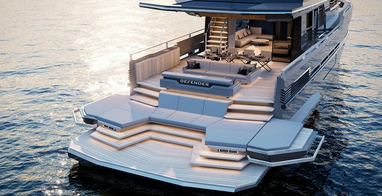 the Defender yacht has a super-size swim platform and folding terraces