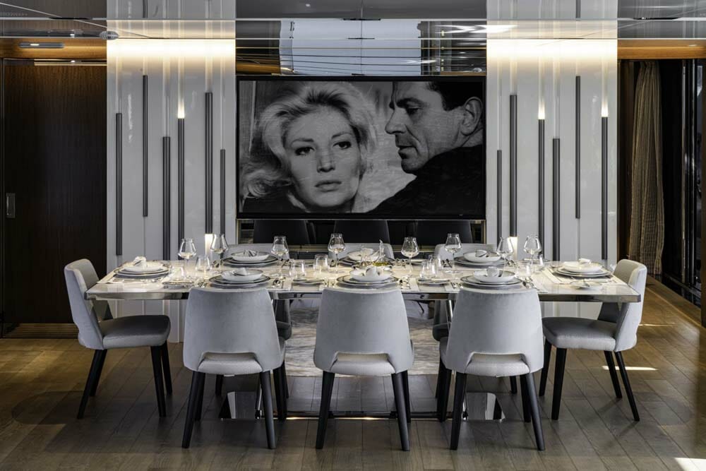 the dining area aboard the Baglietto yacht Enterprise