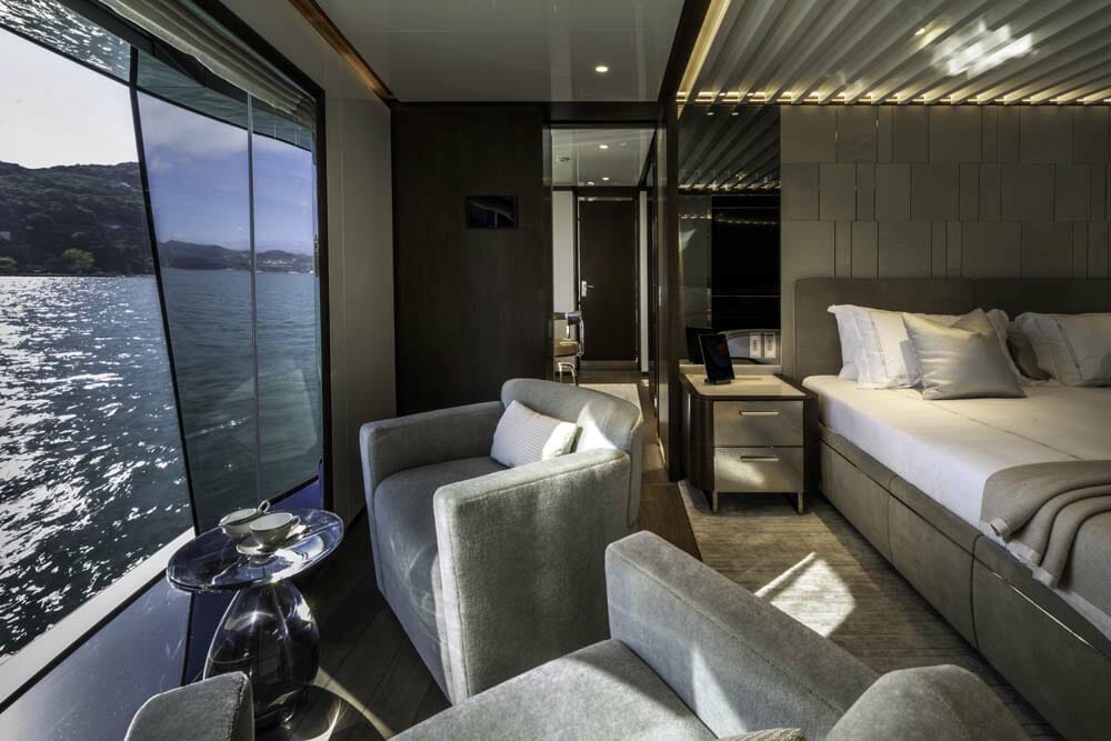 the master suite aboard the Baglietto yacht Enterprise