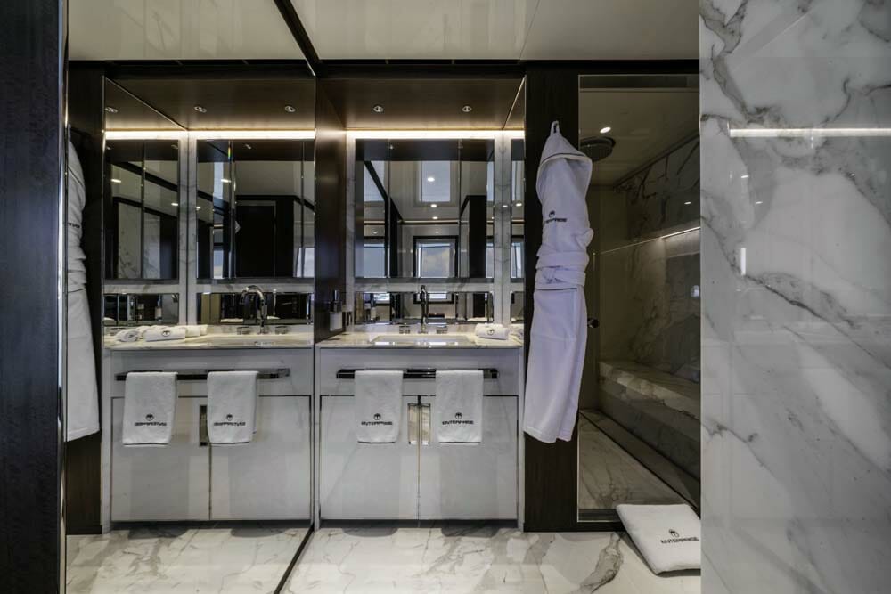 the owners' en suite bath aboard the Baglietto yacht Enterprise