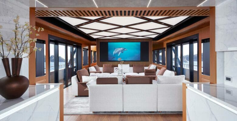 the superyacht saloon aboard the Van der Valk yacht Blue Jeans