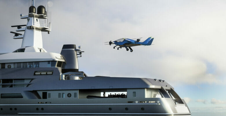 Air One electric aircraft landing on a superyacht
