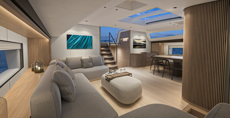 the first SW108 Hybrid yacht saloon
