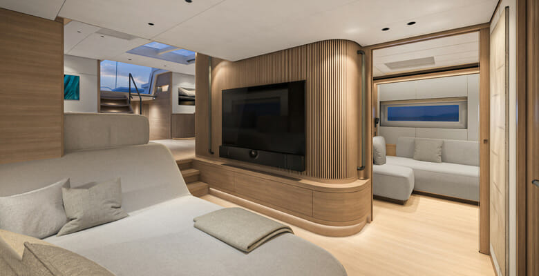 the first SW108 Hybrid yacht saloon TV area