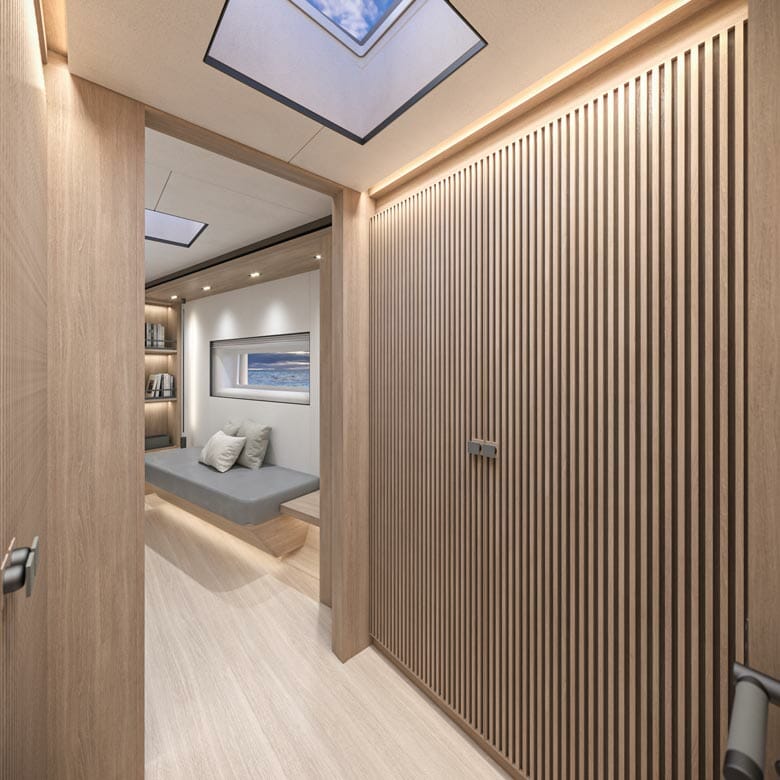the first SW108 Hybrid yacht master hallway