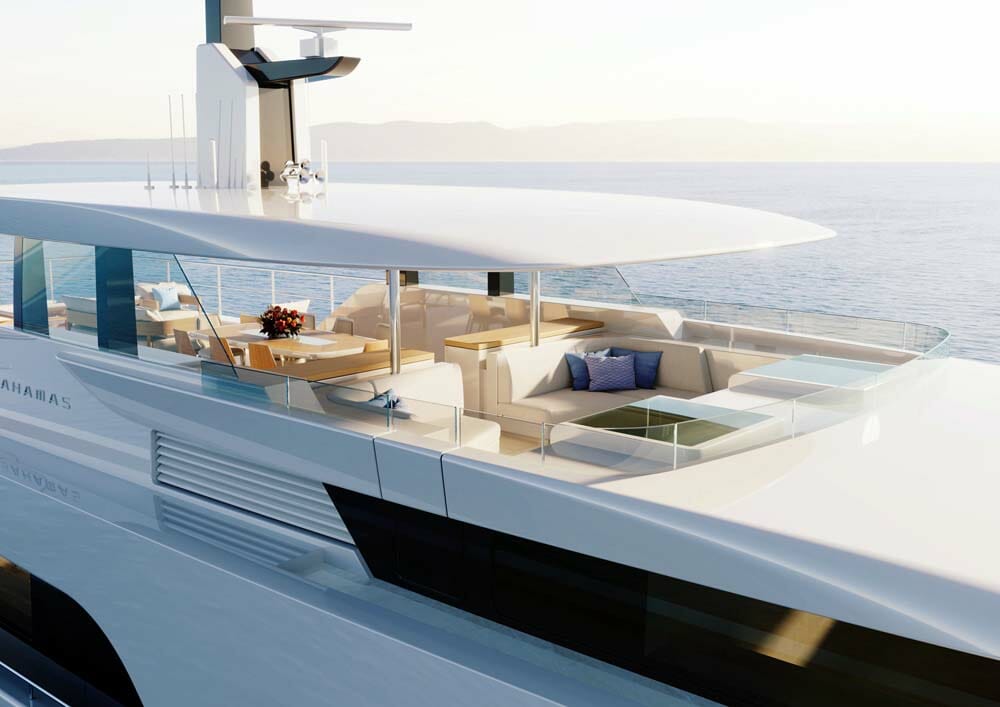 The raised-pilothouse Feadship Bahamas Cruiser yacht concept has a flying bridge