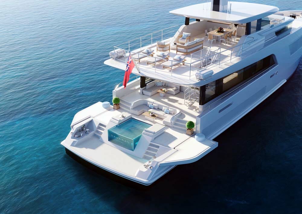 The raised-pilothouse Feadship Bahamas Cruiser yacht concept can have fold-down bulwarks