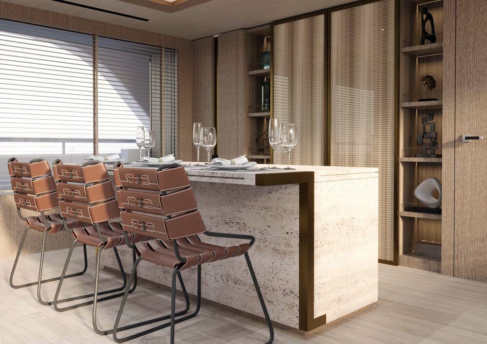 The raised-pilothouse Feadship Bahamas Cruiser yacht concept galley bar