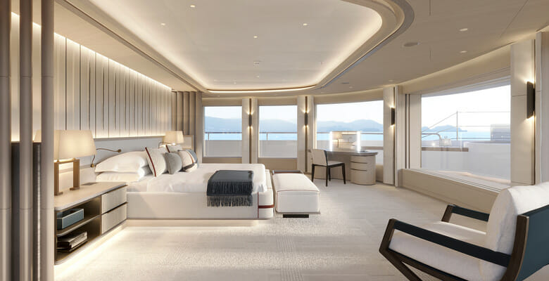the master suite aboard the Feadship yacht Sakura