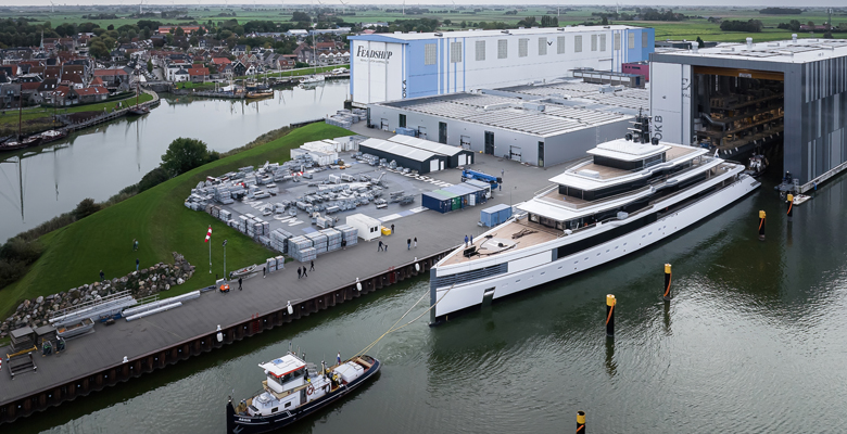 Feadship Project 1011 yacht launch via tug