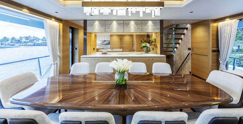 the Horizon FD110 Crowned Eagle yacht dining area