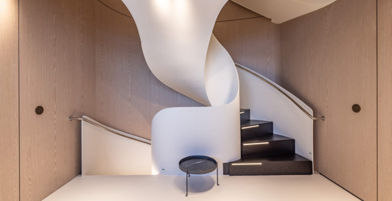 the dramatic staircase aboard the yacht Virtuosity