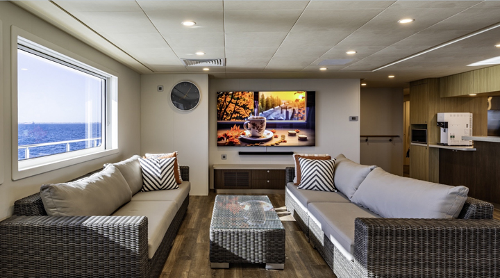 saloon aboard the support yacht Charley 2