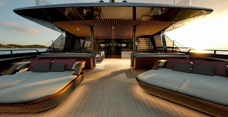 the Perini Navi yacht project 605 sunbeds and alfresco lounge