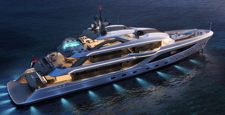 Majesty 160 yacht aerial at night