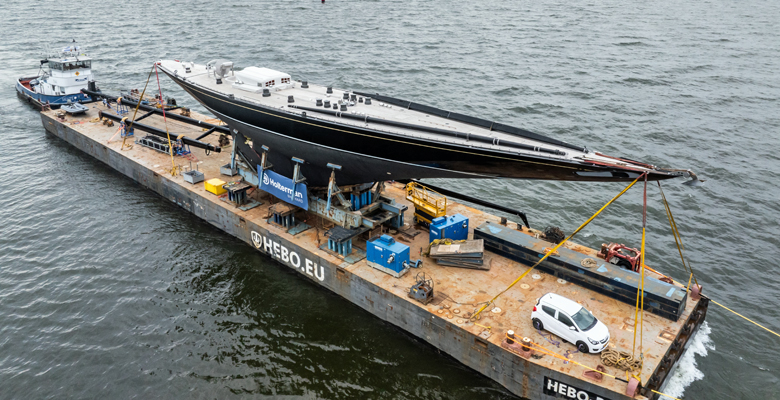 the J Class yacht Hanuman arriving at Holterman Shipyard