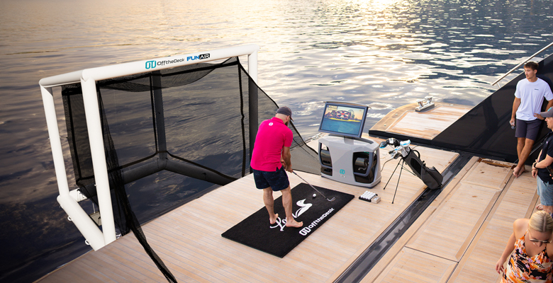 FunAir's Cube inflatable golf net works with Off the Deck's SeaDriveCX golf simulator