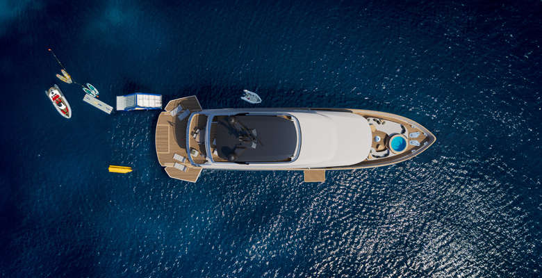 the Sirena 118 yacht has a beach club