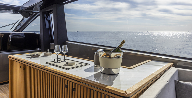 the DJ booth/bar aboard the yacht Sexy Me by Otam Yachts