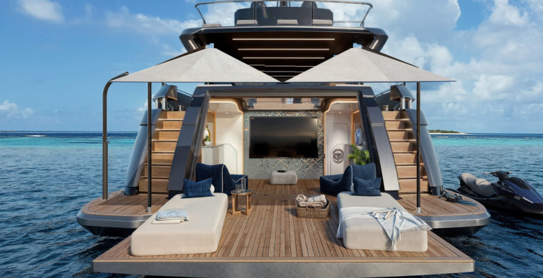 the Uniesse Raptor 112 Super Yacht beach club