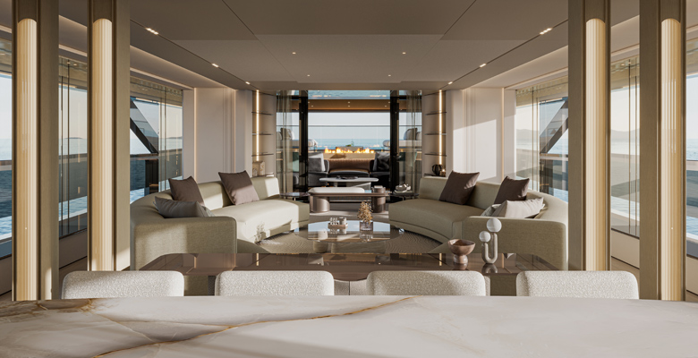 Extra X130 Triplex yacht view to mezzanine fireplace
