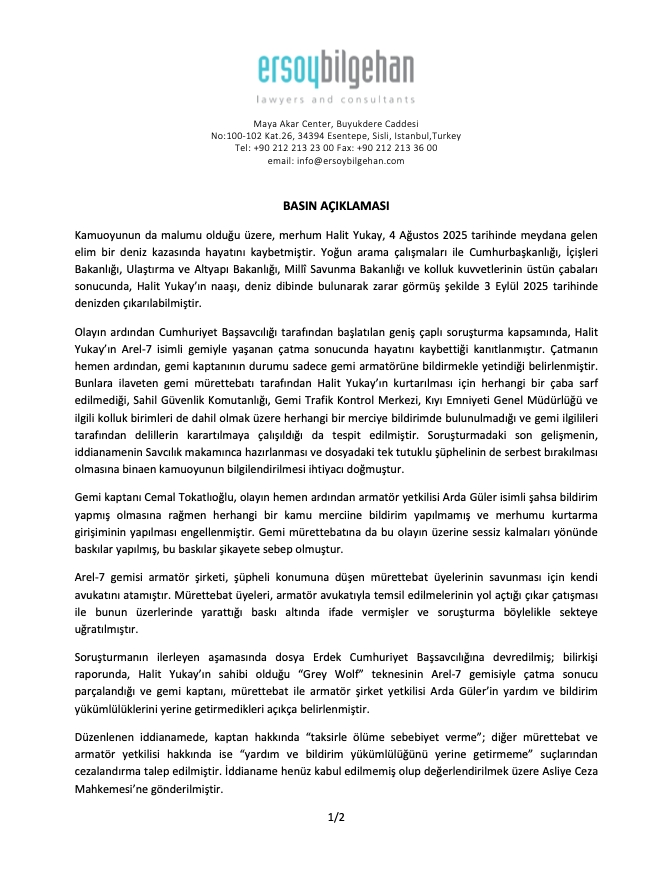Halit Yukay family statement on Arel 7 collision